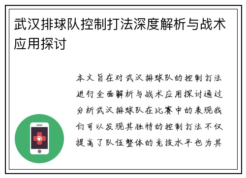 武汉排球队控制打法深度解析与战术应用探讨